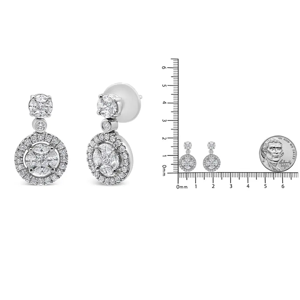 Captivating 18k White Gold Round Shape Diamond Composite Halo Dangle Earrings