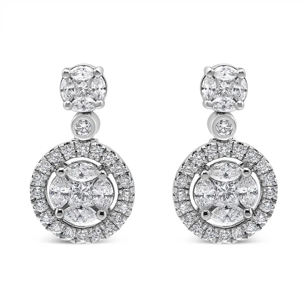 Captivating 18k White Gold Round Shape Diamond Composite Halo Dangle Earrings