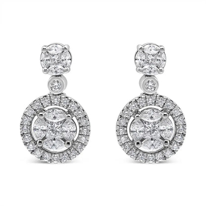 Captivating 18k White Gold Round Shape Diamond Composite Halo Dangle Earrings