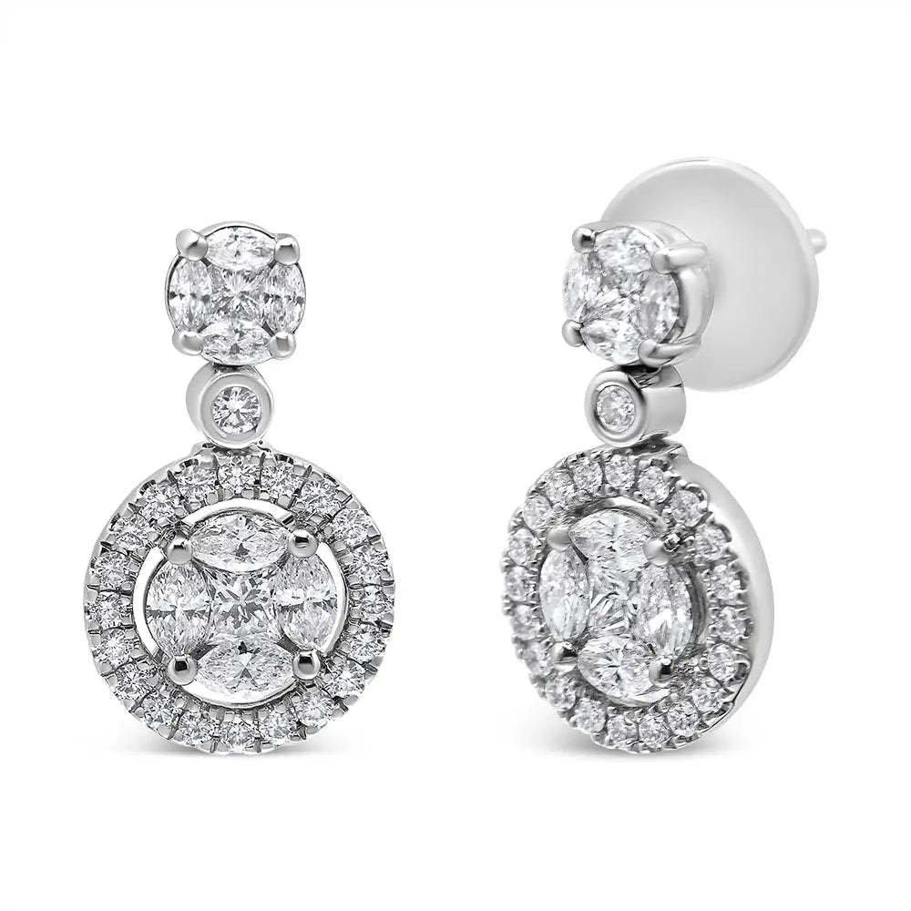 Captivating 18k White Gold Round Shape Diamond Composite Halo Dangle Earrings