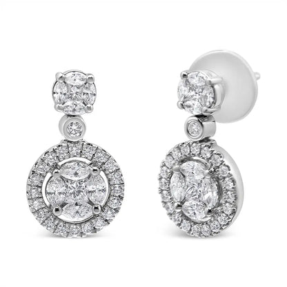 Captivating 18k White Gold Round Shape Diamond Composite Halo Dangle Earrings