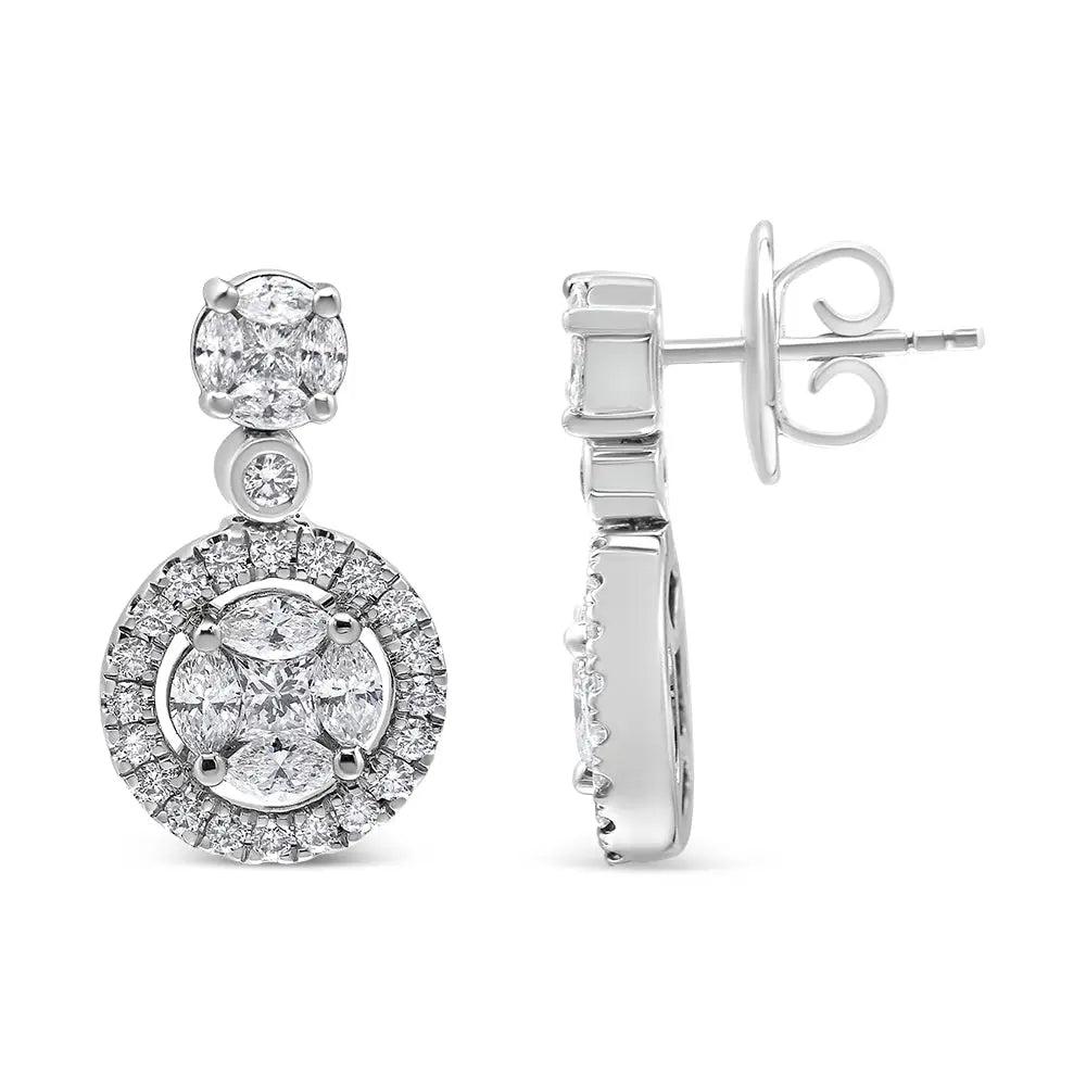 Captivating 18k White Gold Round Shape Diamond Composite Halo Dangle Earrings