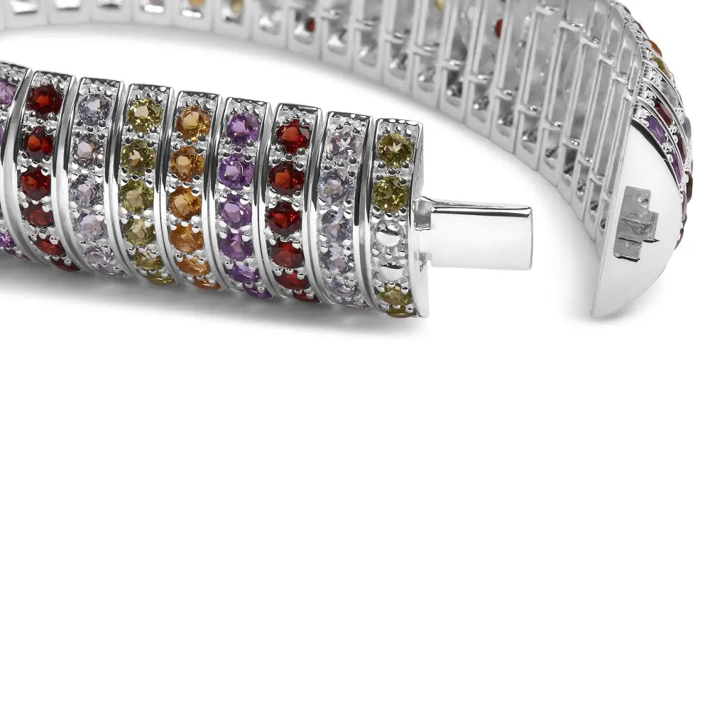 .925 Sterling Silver Multi-row 292 Vibrant Rainbow Gemstone Bangle Bracelet