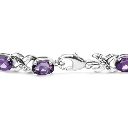 .925 Sterling Silver 7x5mm Oval Amethyst and Diamond Accent X-link Bracelet