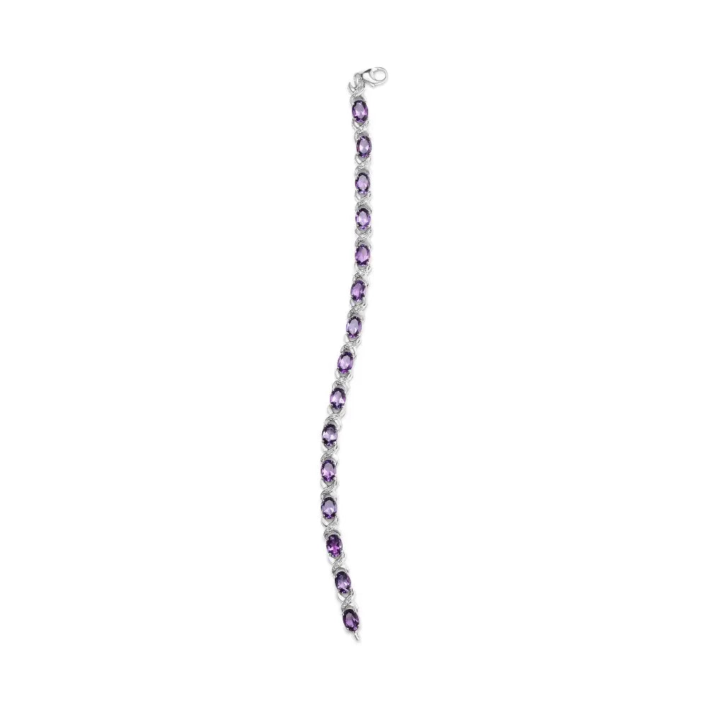 .925 Sterling Silver 7x5mm Oval Amethyst and Diamond Accent X-link Bracelet