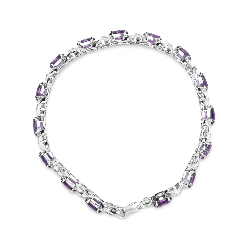 .925 Sterling Silver 7x5mm Oval Amethyst and Diamond Accent X-link Bracelet