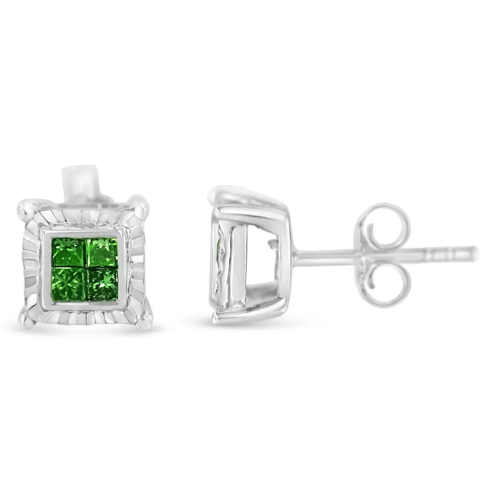 Sterling Silver Color Treated Princess Diamond Quad Stud Earrings (1/2 Cttw)