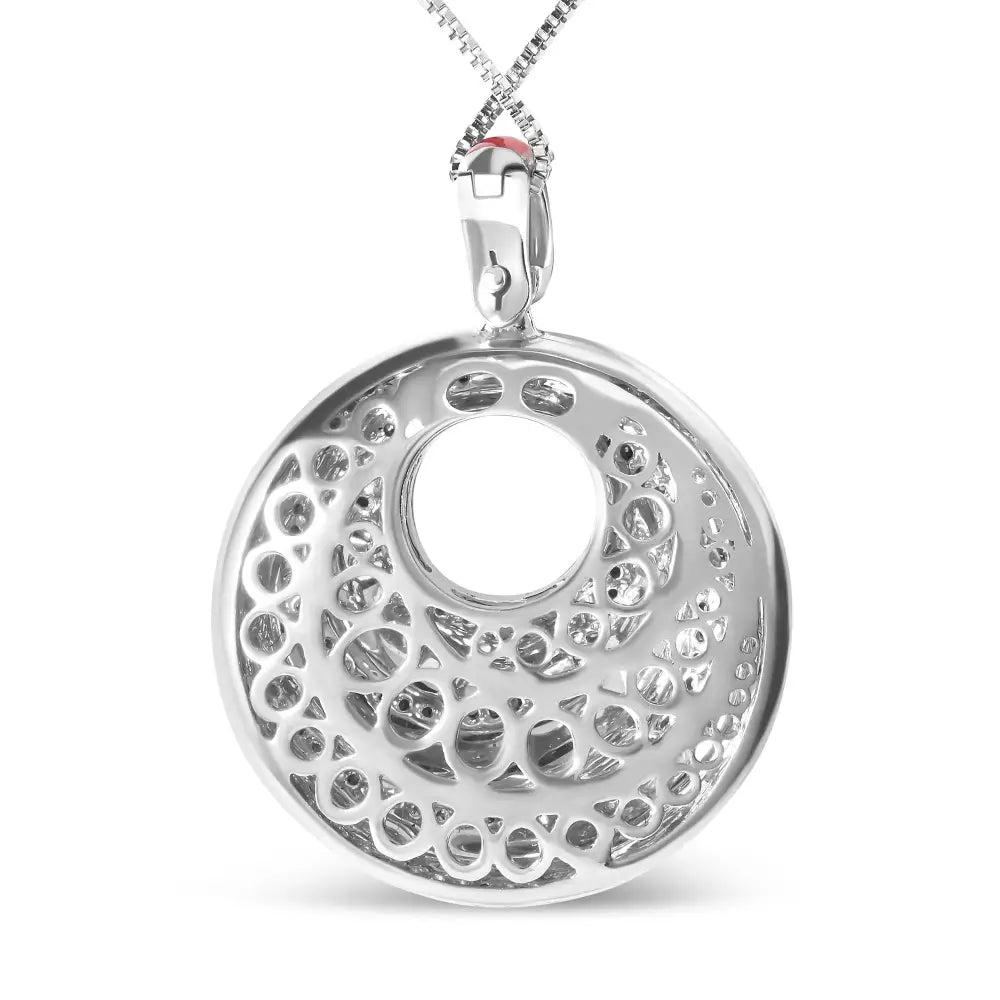 .925 Sterling Silver Red Enamel Diamond Swirl Medallion Necklace (f-g Vs1-vs2)