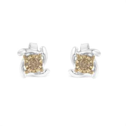 Two-toned Sterling-silver Champagne Diamond Stud Earrings (0.10 Cttw)