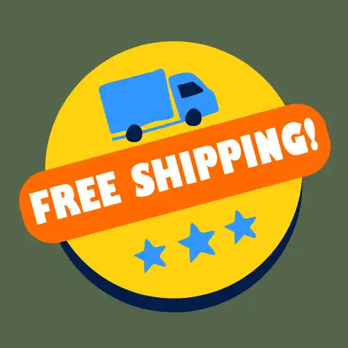 Circular yellow badge featuring a blue delivery truck icon and ’FREE SHIPPING!’ text with blue stars.