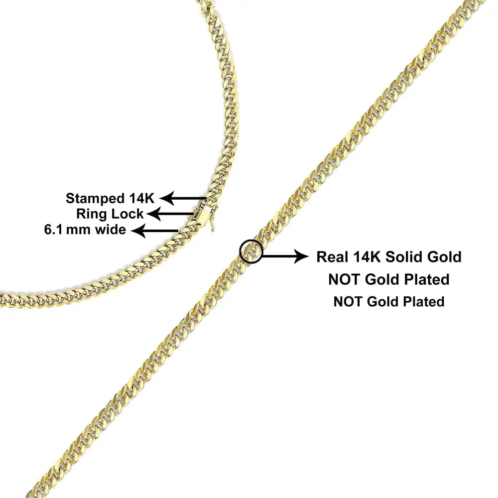 Semi-solid 14k Yellow Gold 6.1mm Classic Miami Cuban Chain Necklace