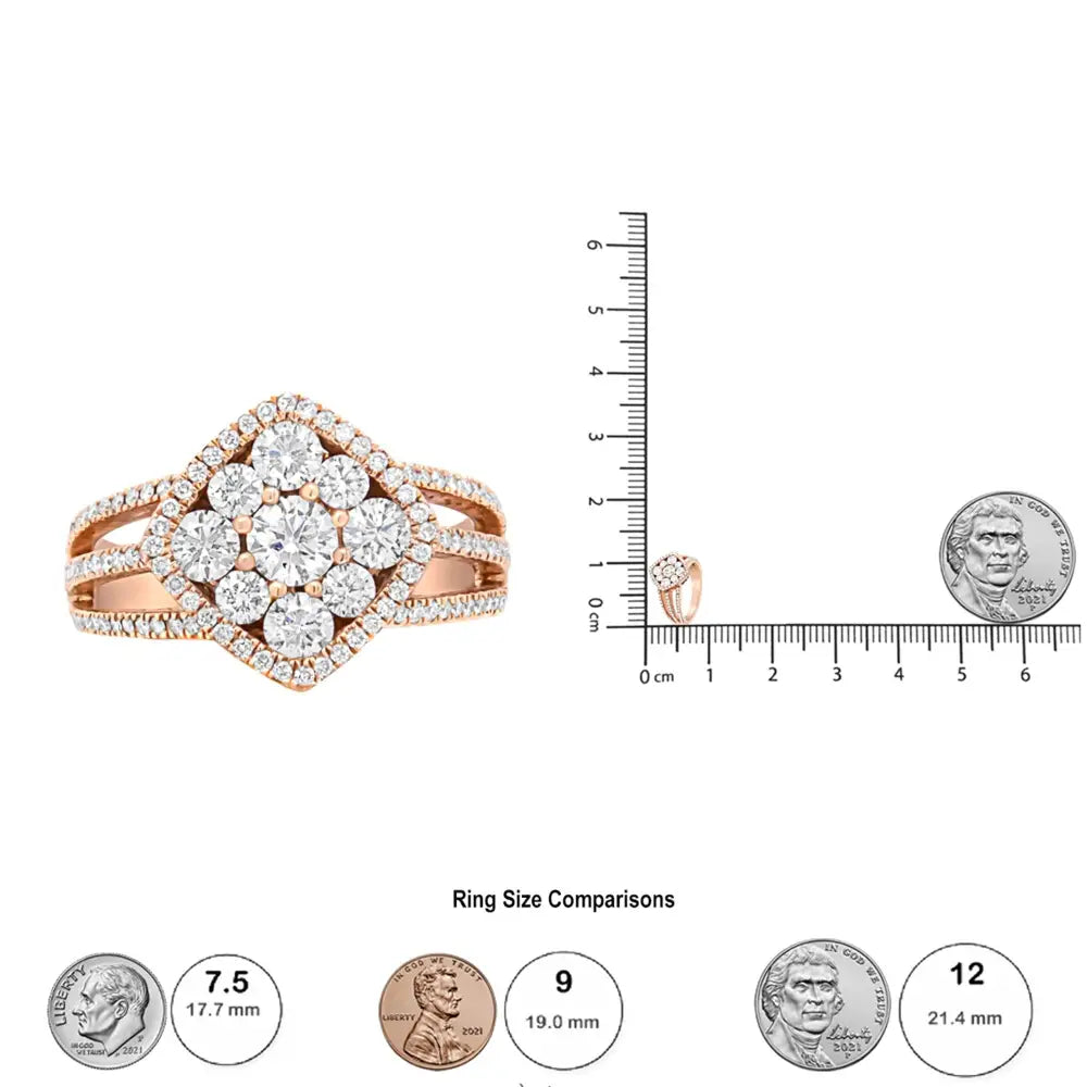 18k Rose Gold 1 1/4 Cttw Diamond Halo Cluster Split Shank Ring Band F-g Vs1-vs2