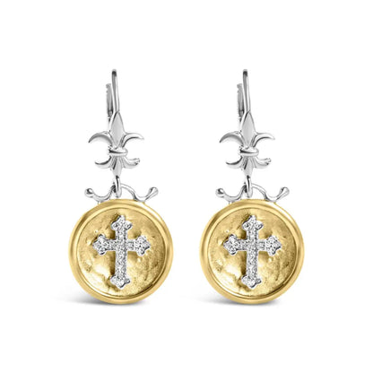 18k Gold Plated Sterling Silver 1/8 Cttw Diamond Cross Drop Earrings