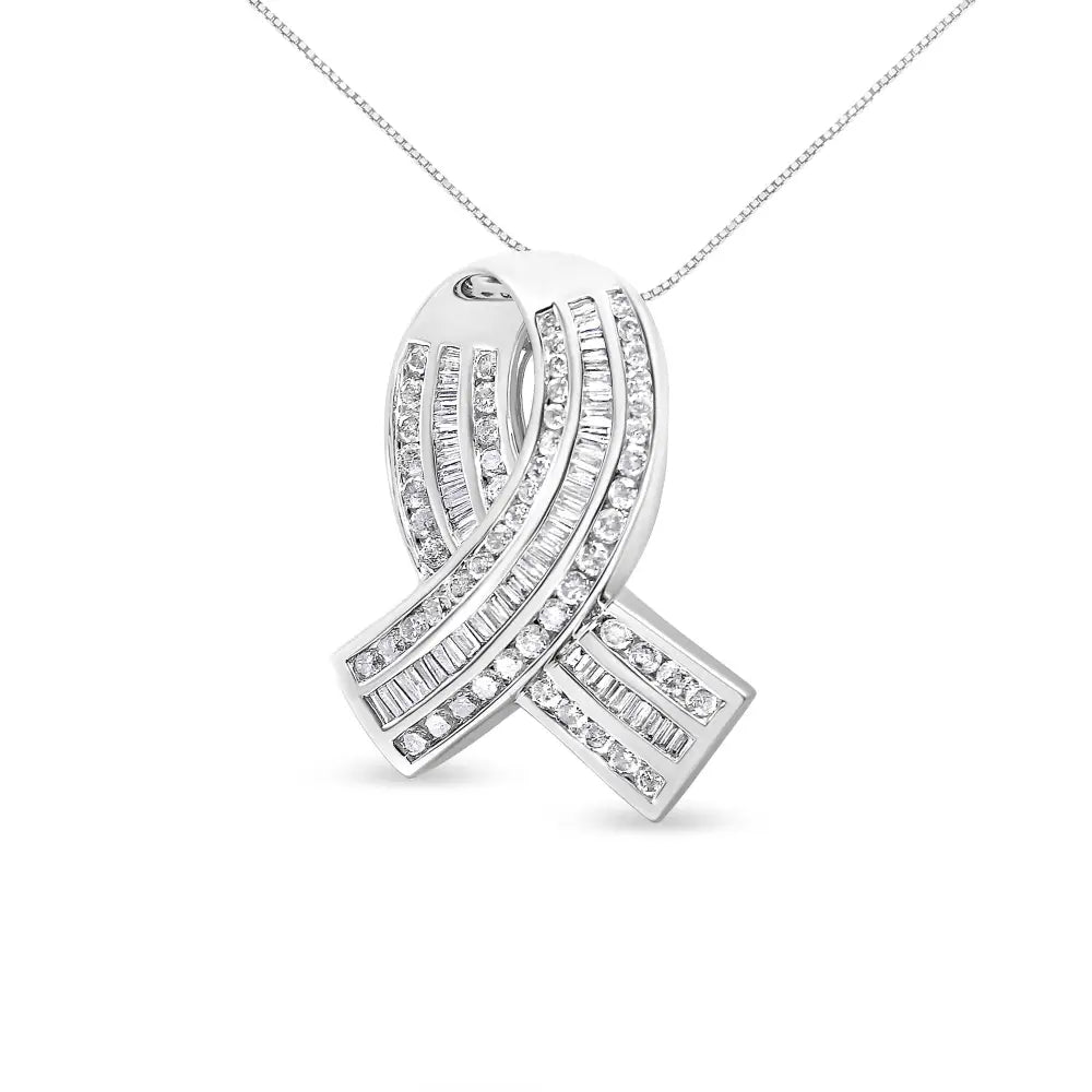 Elegance Redefined 14k White Gold Channel Set Diamond Awareness Ribbon Pendant