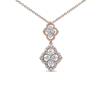 14k Rose Gold 3/4 Cttw Round Diamond Double Quatrefoil Pendant 18’’