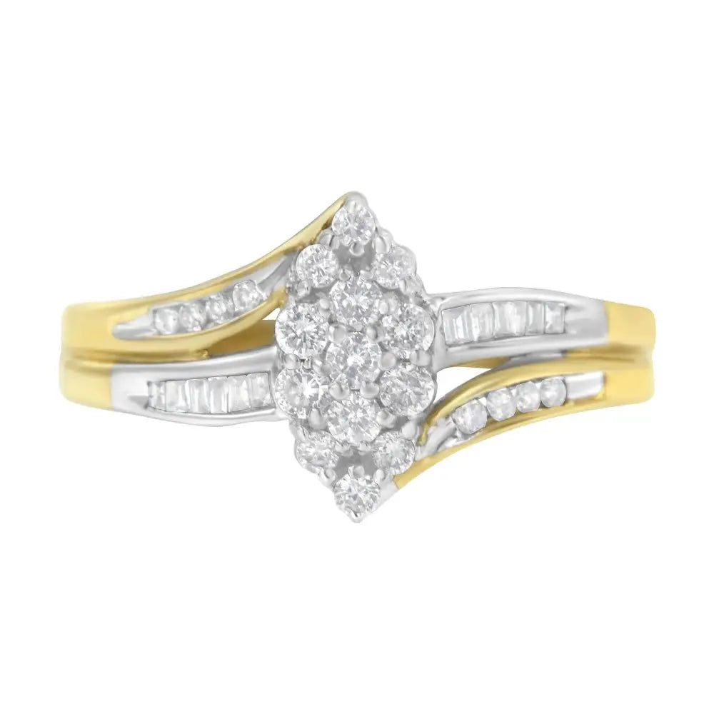 10k Yellow and White Gold Marquise Diamond Cluster Ring - 1/2 Cttw