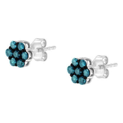 0.5 Cttw Sterling Silver Blue Diamond Floral Stud Earrings I2-i3 Clarity)