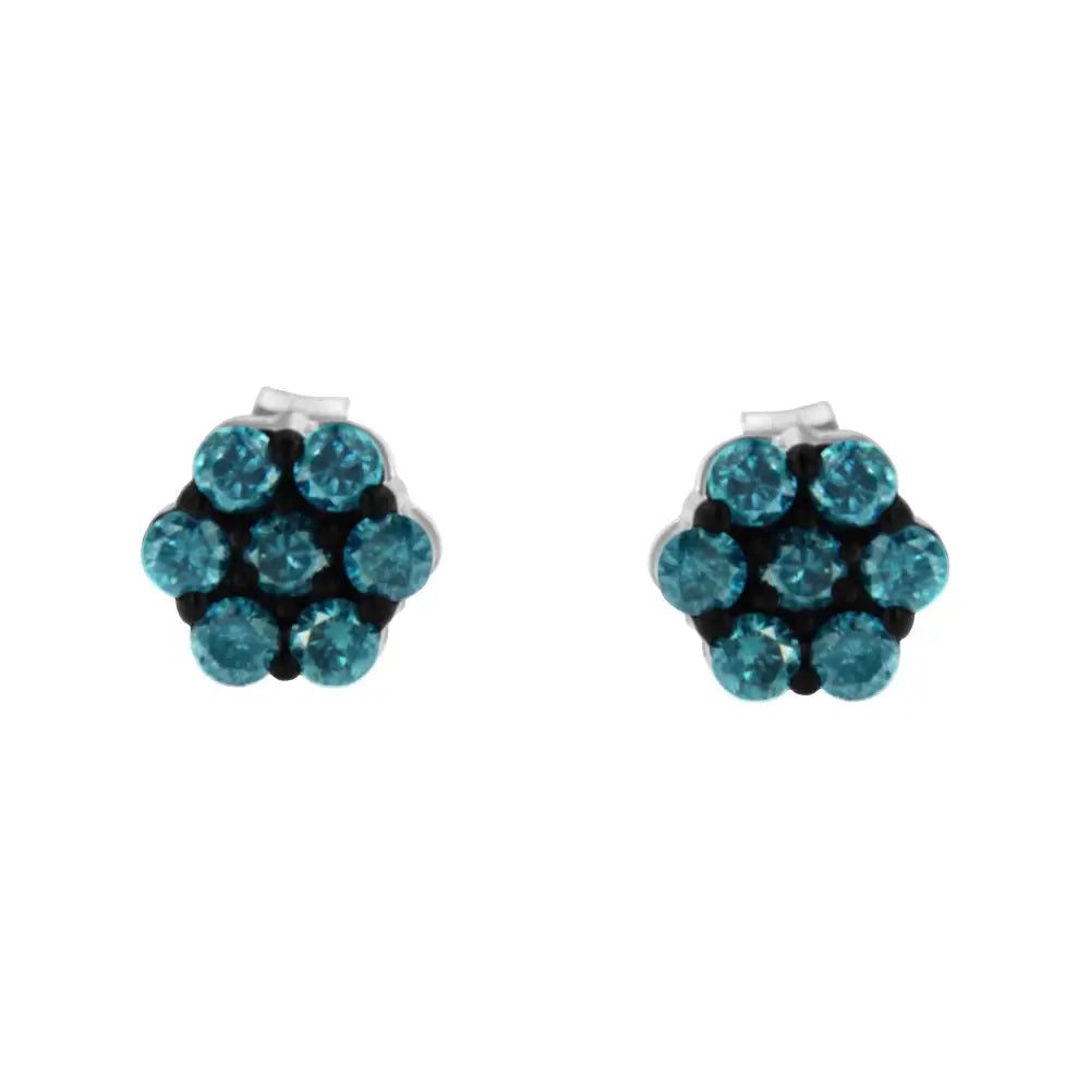 0.5 Cttw Sterling Silver Blue Diamond Floral Stud Earrings I2-i3 Clarity)