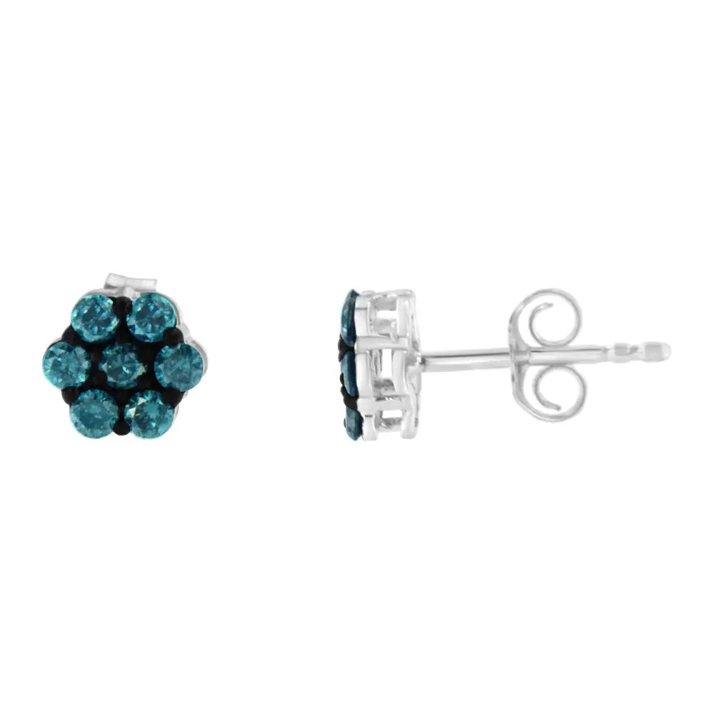 0.5 Cttw Sterling Silver Blue Diamond Floral Stud Earrings I2-i3 Clarity)