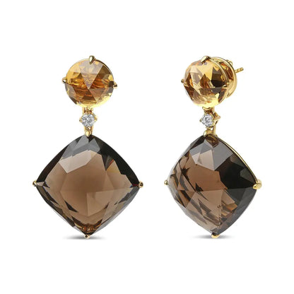 18k Yellow Gold Diamond & Citrine Dangle Earrings with Smoky Quartz (1/5 Cttw)