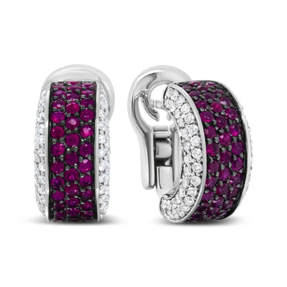 18k White Gold & Black Rhodium Diamond and Ruby Huggie Hoop Earrings (3/4 Cttw)