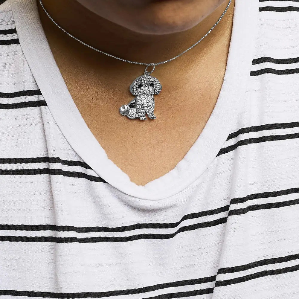 Adorable Shih Tzu Pendant Necklace –.925 Sterling Silver with Diamonds