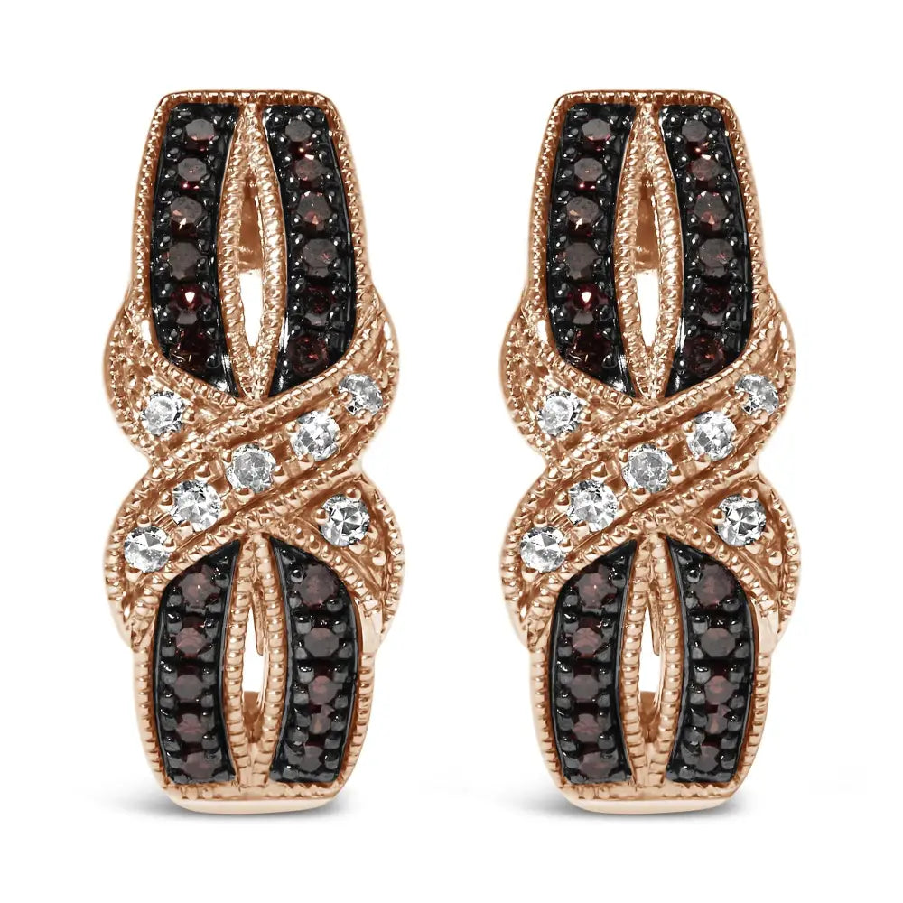 Elegant 10k Rose Gold Diamond Milgrain Criss Cross J-hoop Earrings