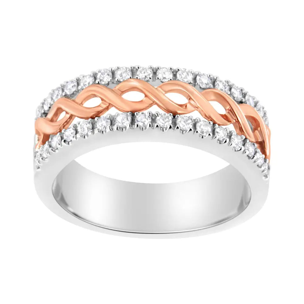 Elegant 10k White and Rose Gold Infinity Ribbon Band with Cttw Diamond Split