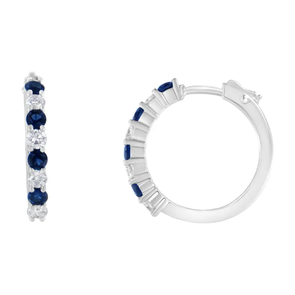 Elegant 10k White Gold Cttw Diamond Hoop Earrings with Sapphire Gemstone