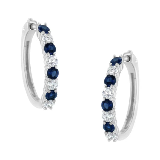 Elegant 10k White Gold Cttw Diamond Hoop Earrings with Sapphire Gemstone