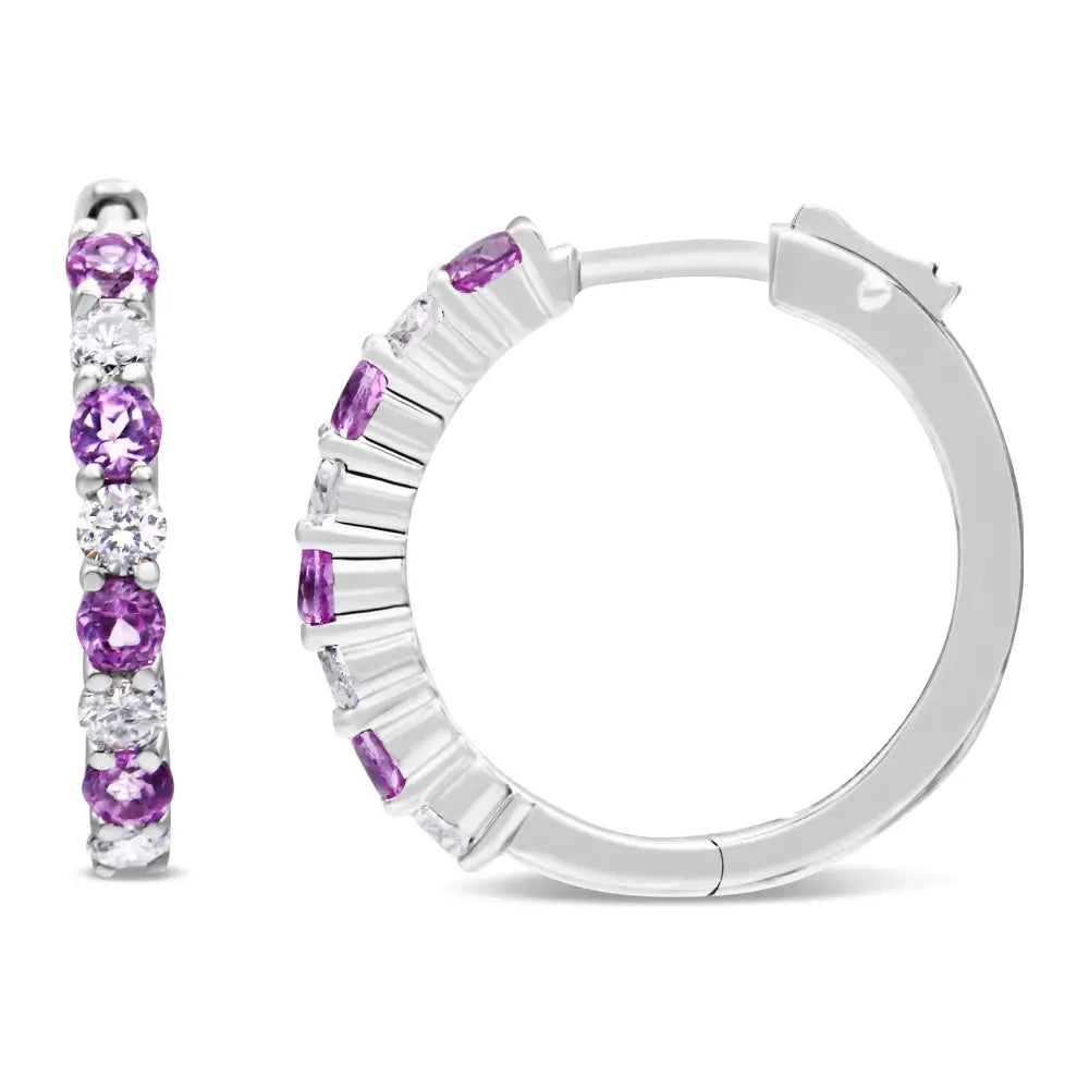 Elegant 10k White Gold Cttw Diamond Hoop Earrings with Sapphire Gemstone