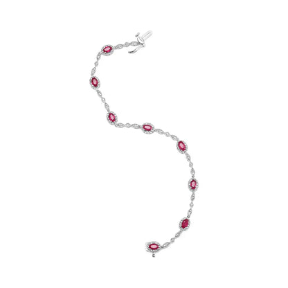 Elegant 10k White Gold Diamond Link Bracelet with 3mm Oval Ruby