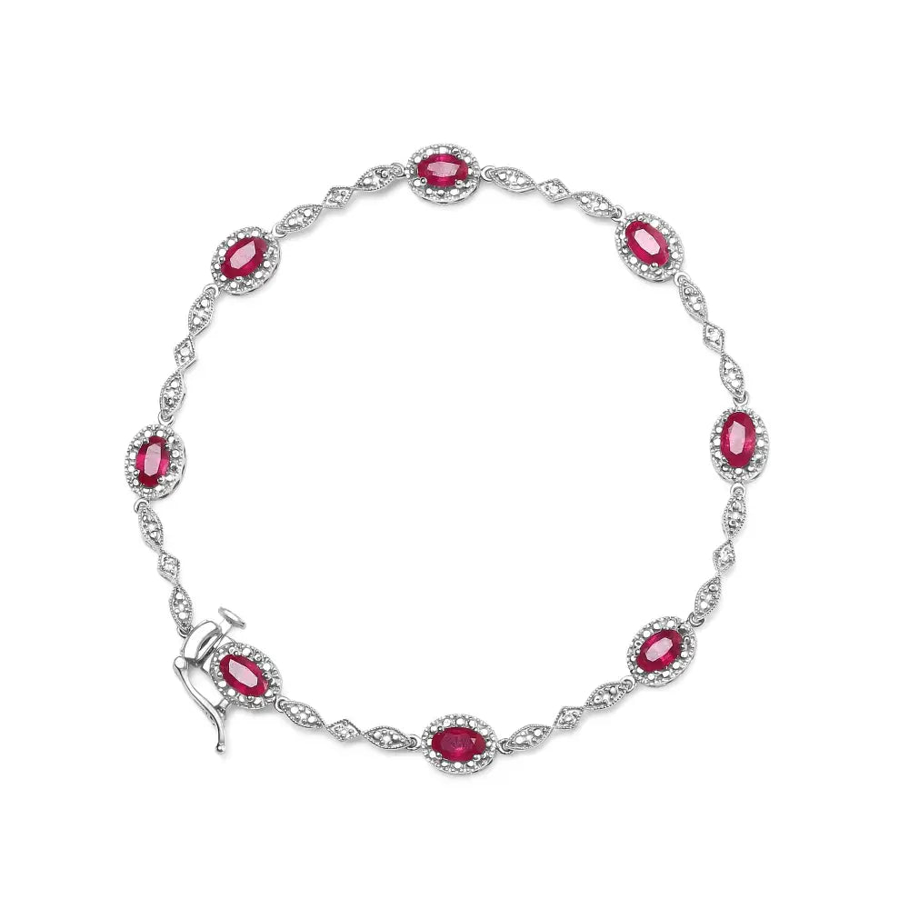 Elegant 10k White Gold Diamond Link Bracelet with 3mm Oval Ruby