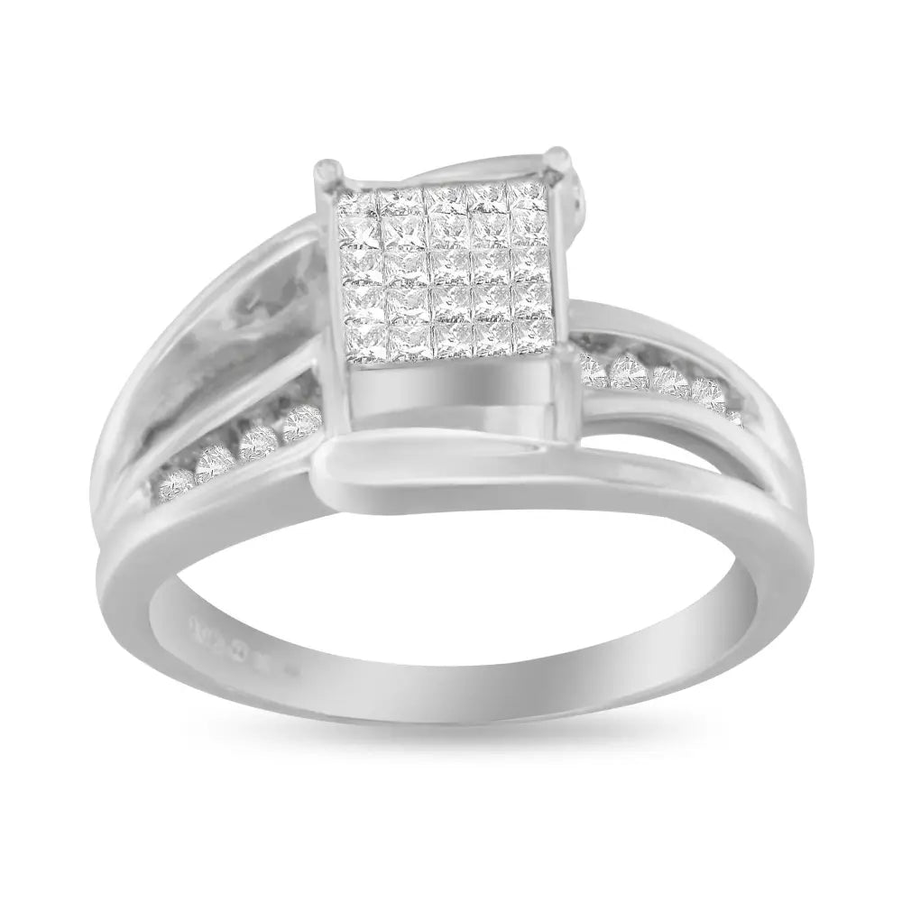 Elegant 10k White Gold Invisible Set Princess-cut Diamond Cluster Ring