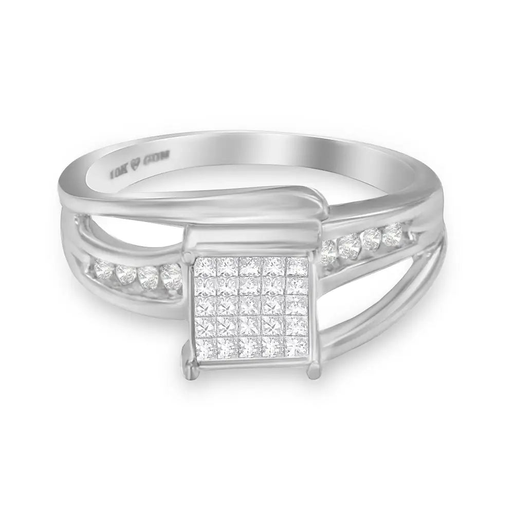 Elegant 10k White Gold Invisible Set Princess-cut Diamond Cluster Ring