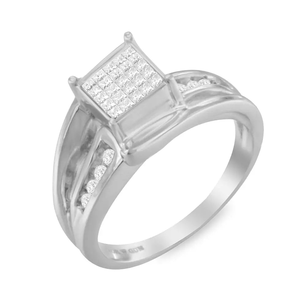 Elegant 10k White Gold Invisible Set Princess-cut Diamond Cluster Ring