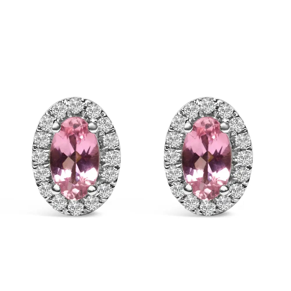 10k White Gold 5x3 Mm Oval Birthstone & Diamond Halo Stud Earrings (i-j Color)