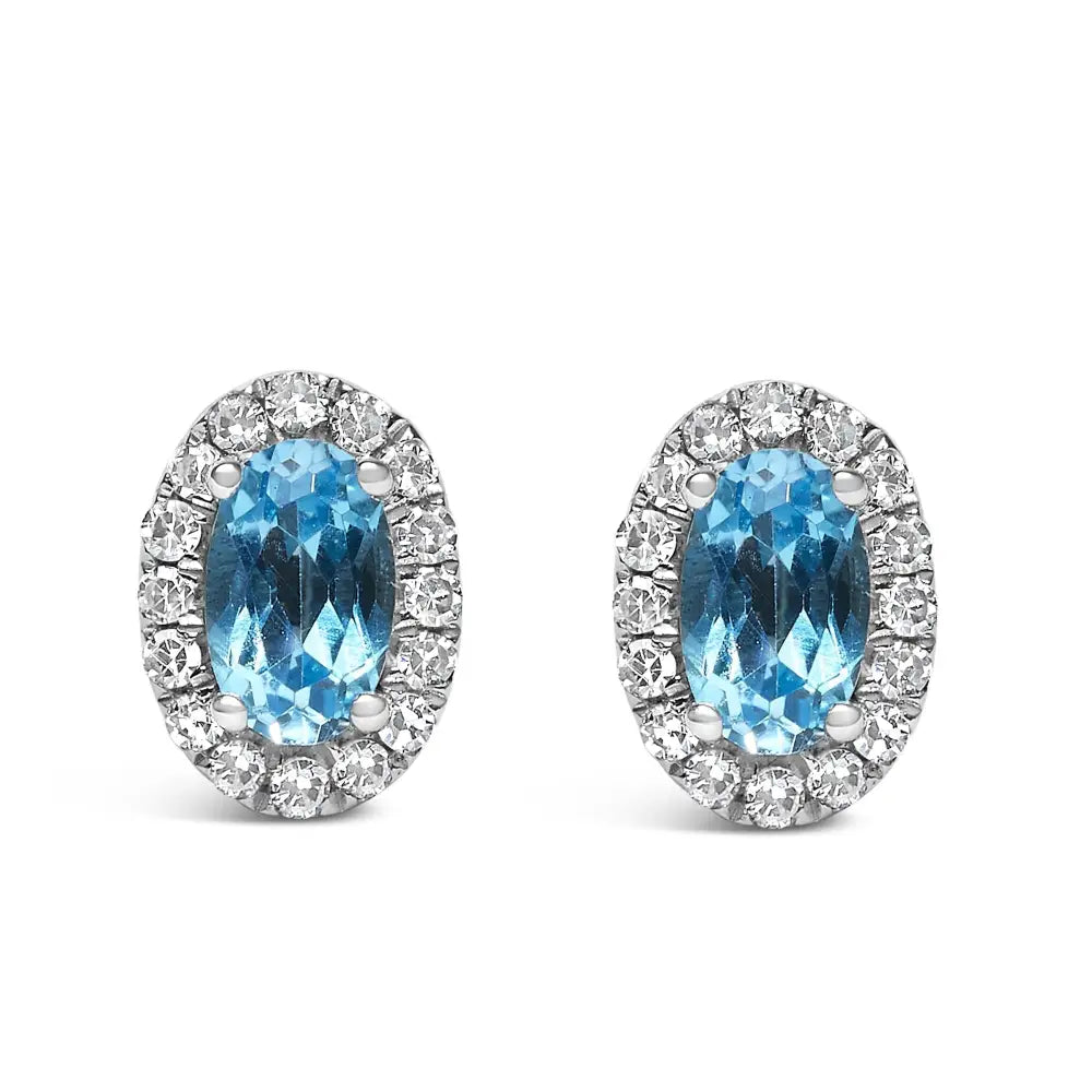 10k White Gold 5x3 Mm Oval Birthstone & Diamond Halo Stud Earrings (i-j Color)