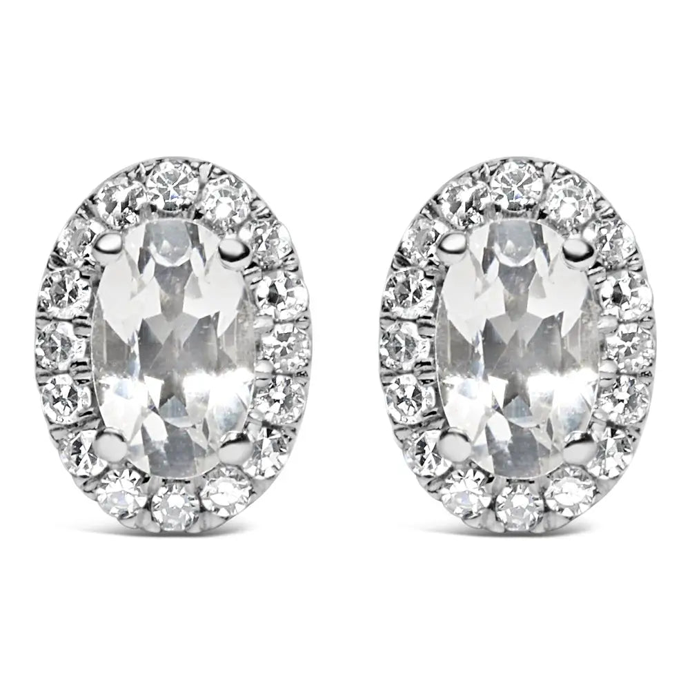 10k White Gold 5x3 Mm Oval Birthstone & Diamond Halo Stud Earrings (i-j Color)