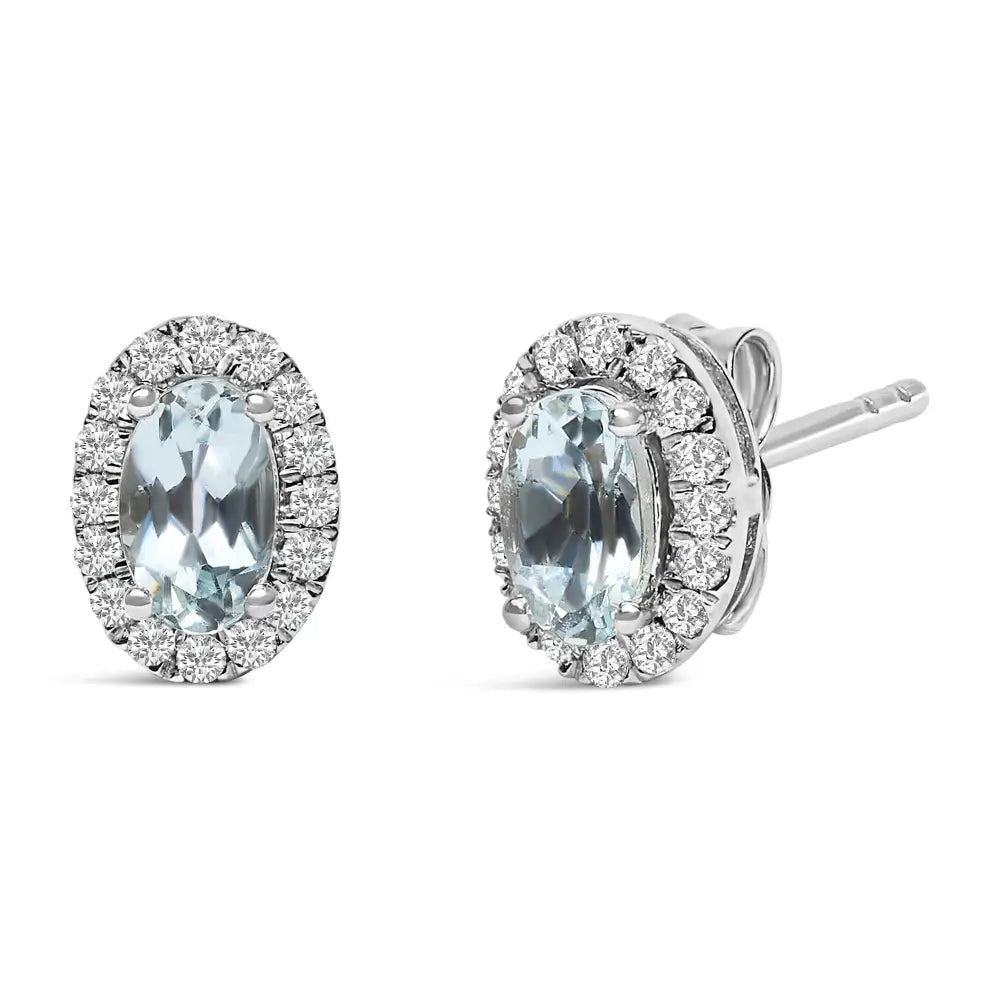 10k White Gold 5x3 Mm Oval Birthstone & Diamond Halo Stud Earrings (i-j Color)