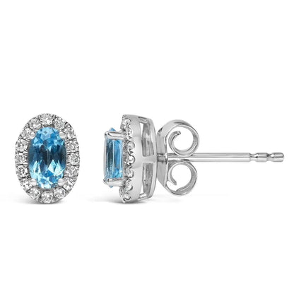 10k White Gold 5x3 Mm Oval Birthstone & Diamond Halo Stud Earrings (i-j Color)