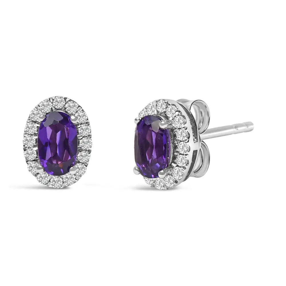 10k White Gold 5x3 Mm Oval Birthstone & Diamond Halo Stud Earrings (i-j Color)