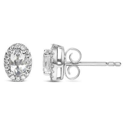 10k White Gold 5x3 Mm Oval Birthstone & Diamond Halo Stud Earrings (i-j Color)