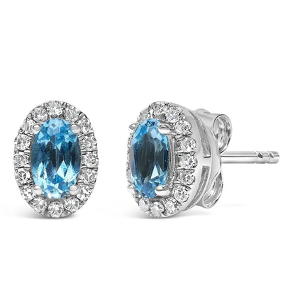 10k White Gold 5x3 Mm Oval Birthstone & Diamond Halo Stud Earrings (i-j Color)