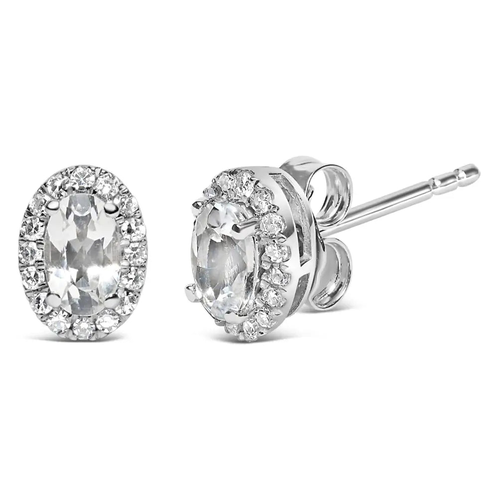 10k White Gold 5x3 Mm Oval Birthstone & Diamond Halo Stud Earrings (i-j Color)