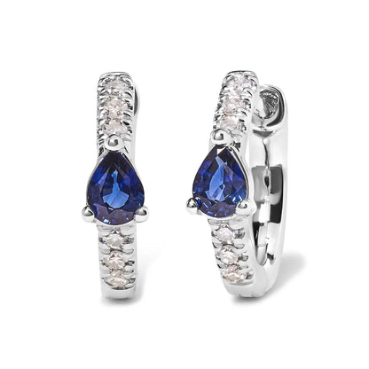 Elegant 10k White Gold Pear Shaped Blue Sapphire Huggy Hoop Earrings