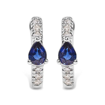 Elegant 10k White Gold Pear Shaped Blue Sapphire Huggy Hoop Earrings