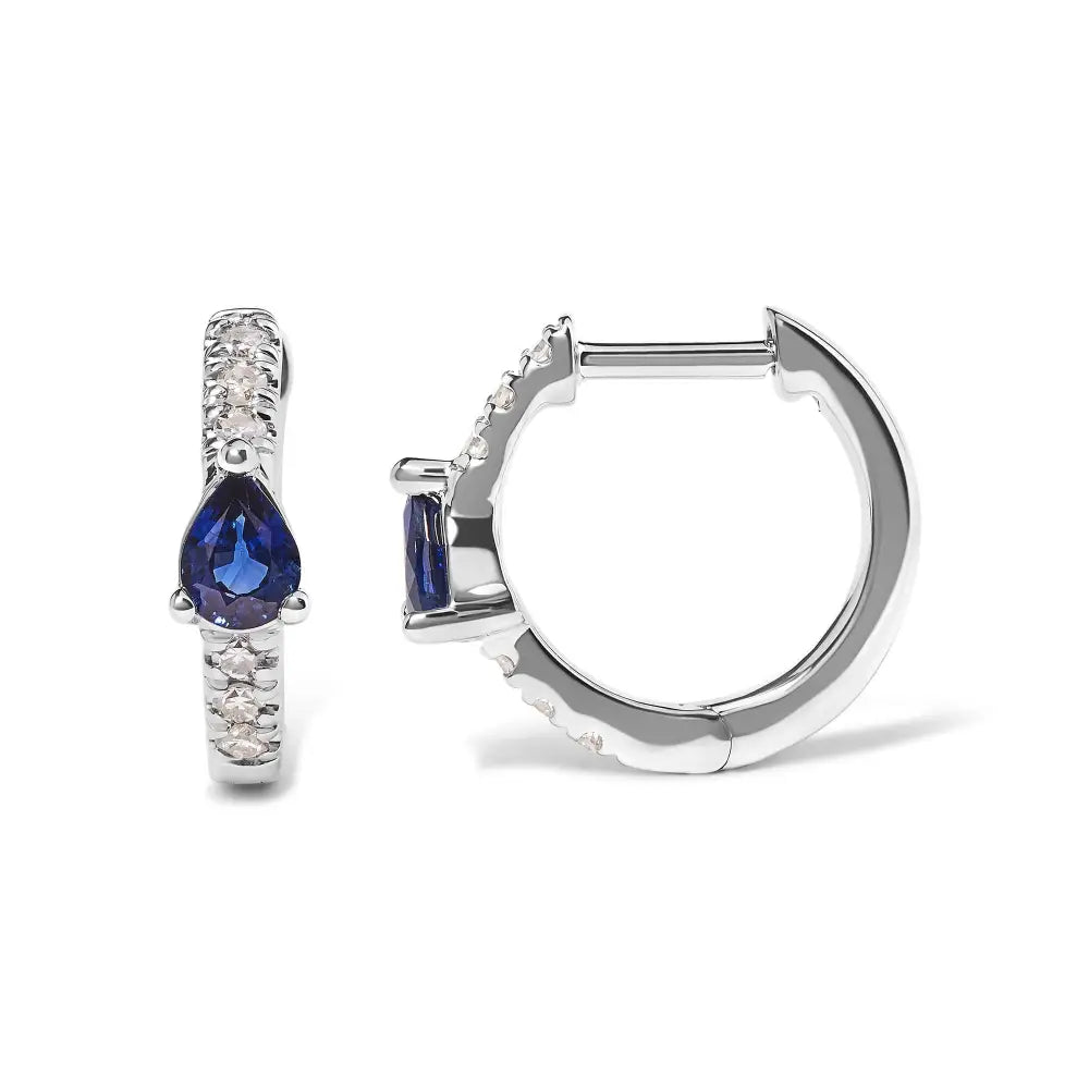 Elegant 10k White Gold Pear Shaped Blue Sapphire Huggy Hoop Earrings