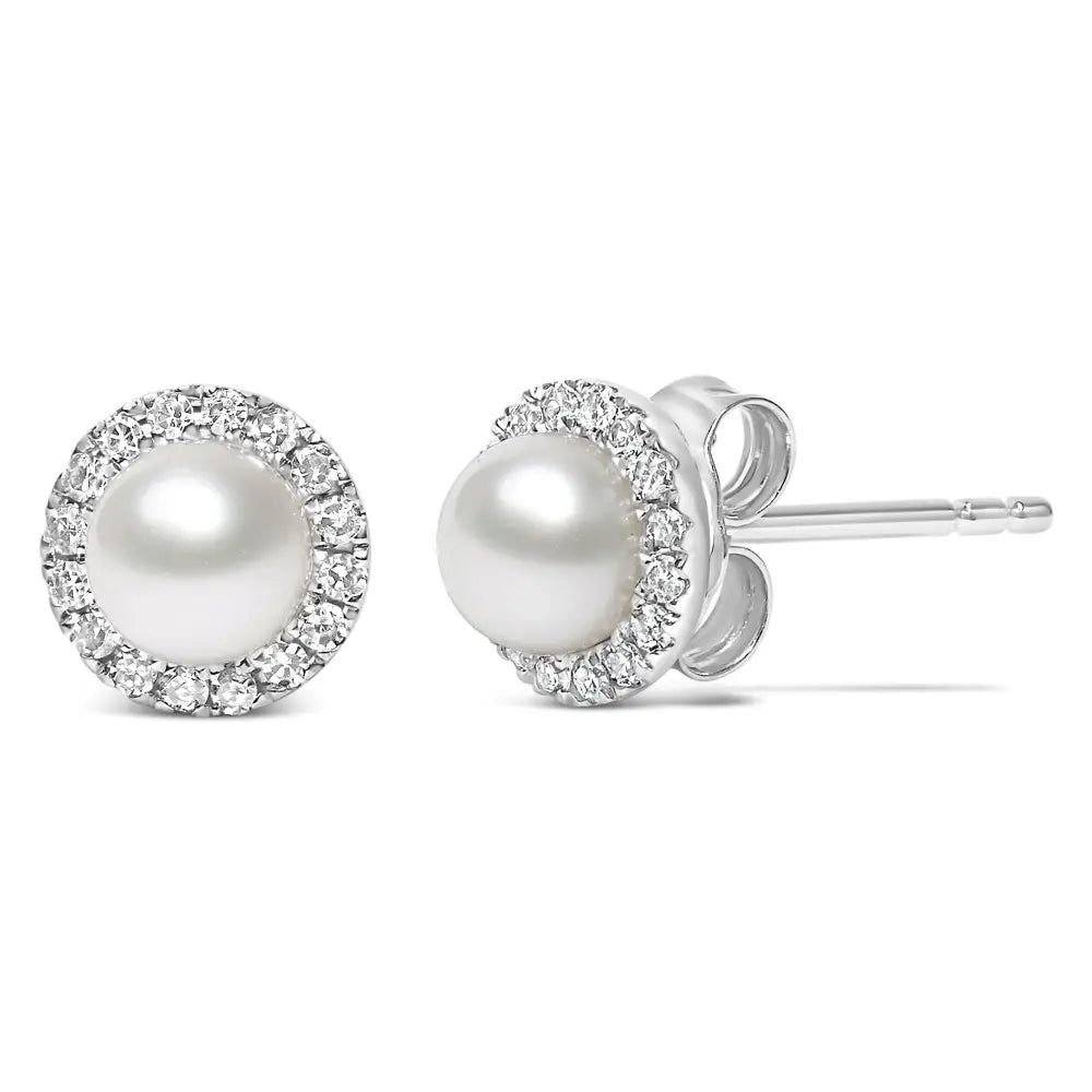 Elegant 10k White Gold Pearl and Cttw Diamond Halo Stud Earrings