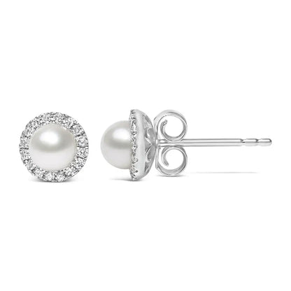 Elegant 10k White Gold Pearl and Cttw Diamond Halo Stud Earrings